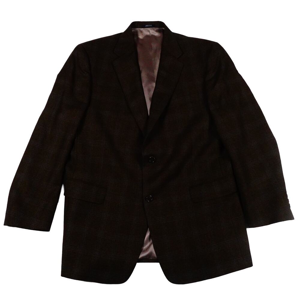 Hart Schaffner Marx Brown Blue Plaid Windowed Blazer Suit Jacket 44R Made USA